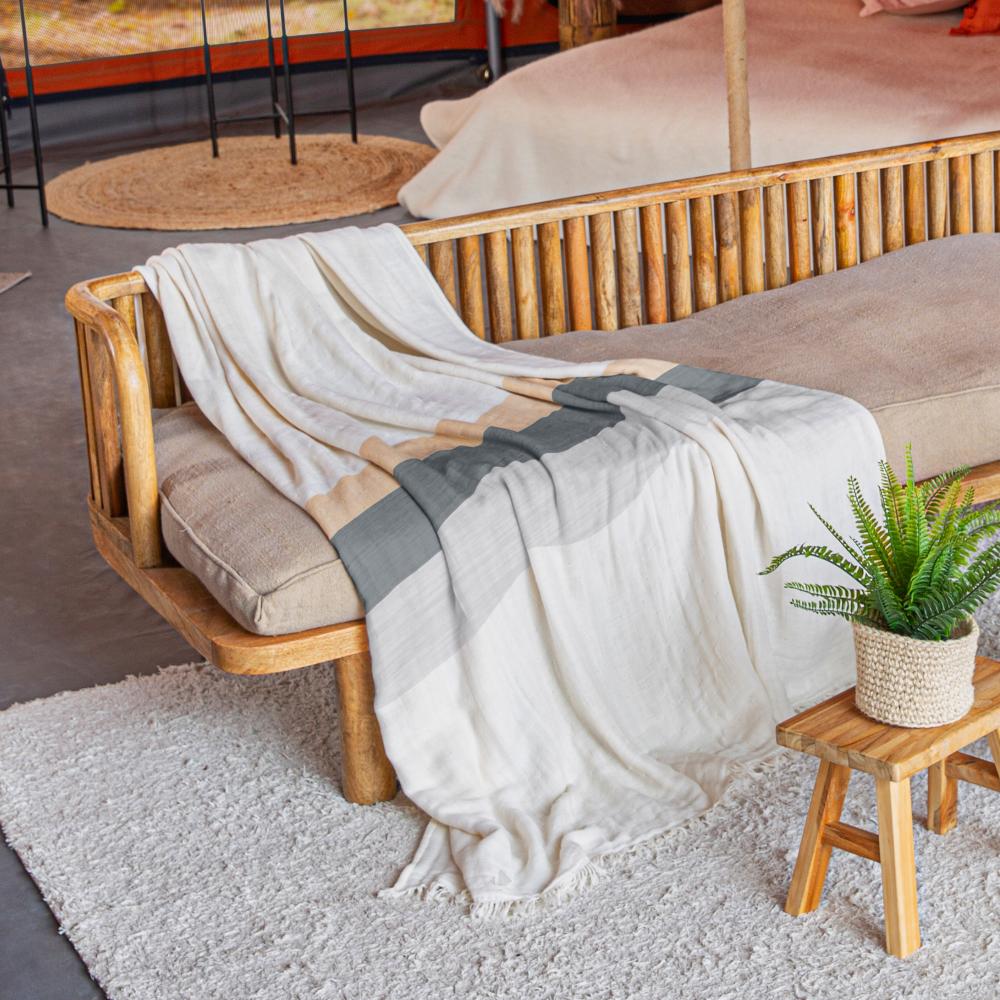 Plaid franges 150x180 cm LUANDA coton et matières mixtes naturel camel