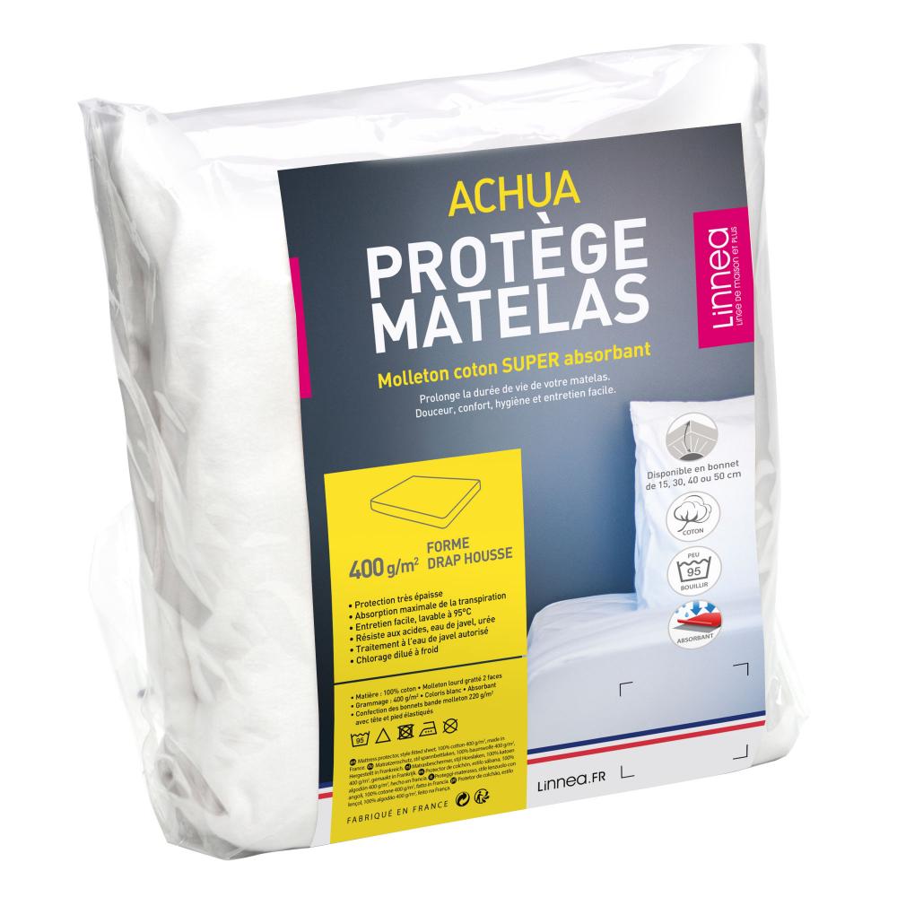 Protège matelas 140x190 cm ACHUA  - Molleton 100% coton 400 g/m2,  bonnet 30cm