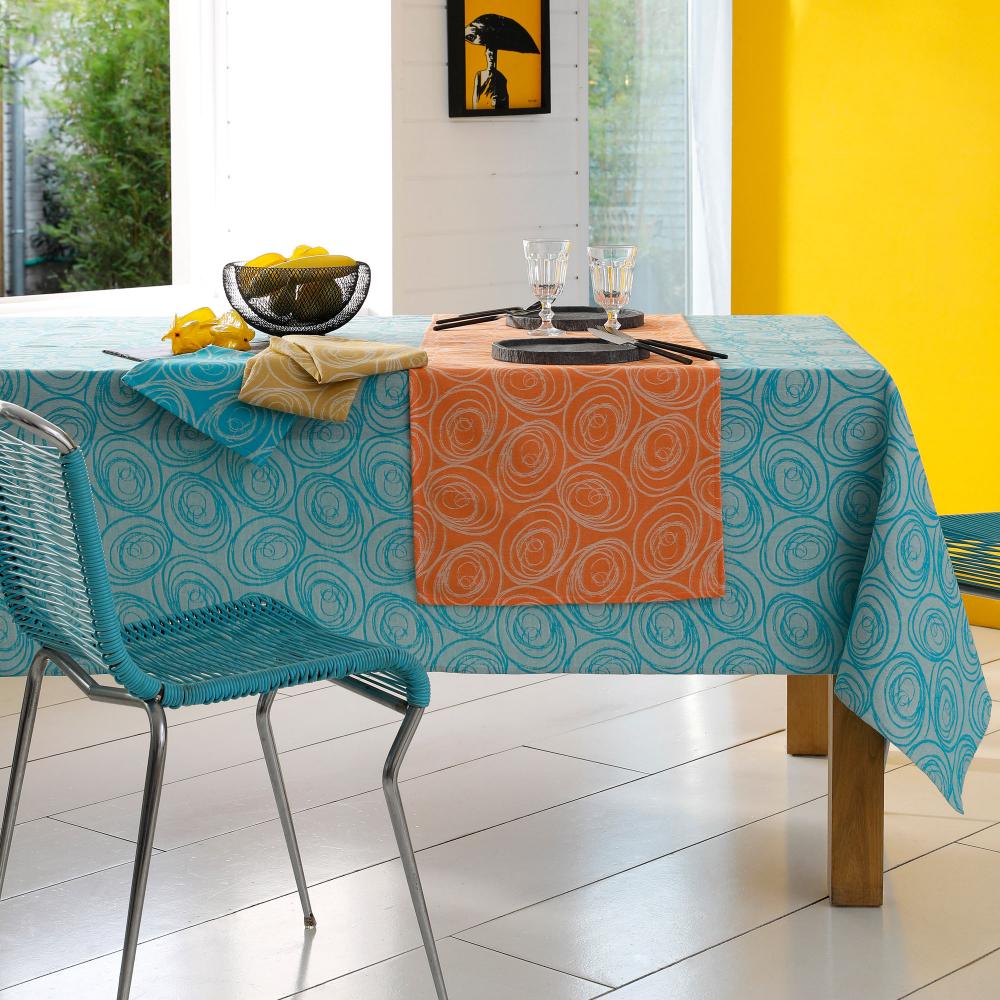 Lot de 3 serviettes de table 45x45 cm Jacquard 100% coton SPIRALE bleu turquoise