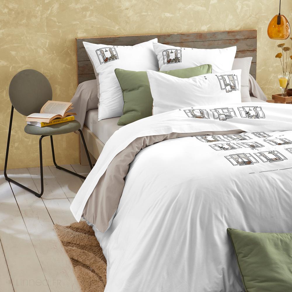 Taie d'oreiller 65x65 cm percale de coton BONJOUR blanc Mascarpone
