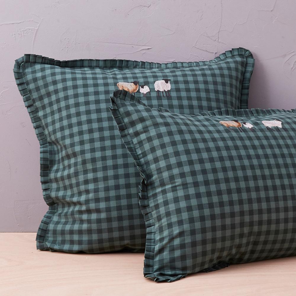 Taie d'oreiller 65x65 cm coton tissé teint brodé SHETLAND vert Irlande