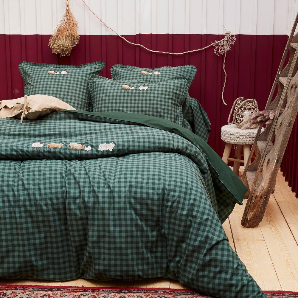 Taie d'oreiller 65x65 cm coton tissé teint brodé SHETLAND vert Irlande
