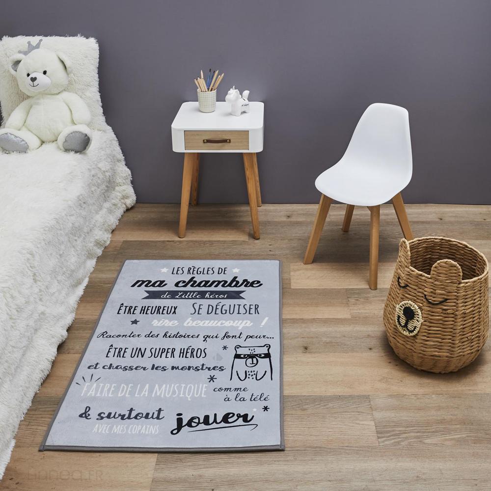 Tapis enfant 60x90 cm KEHL gris imprimé règles de la chambre polyester
