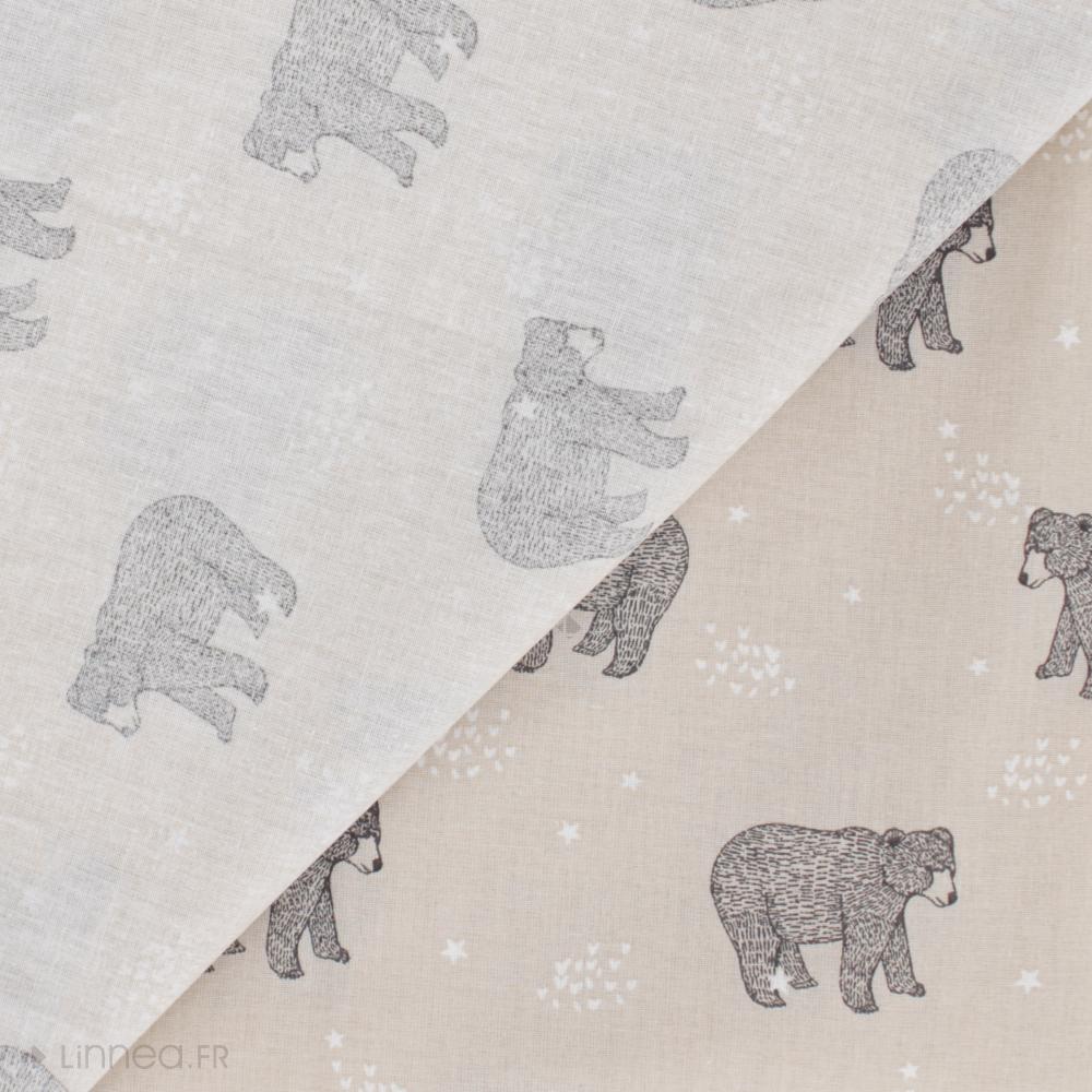 Tissu coton percale motif ours BALOO beige Lin