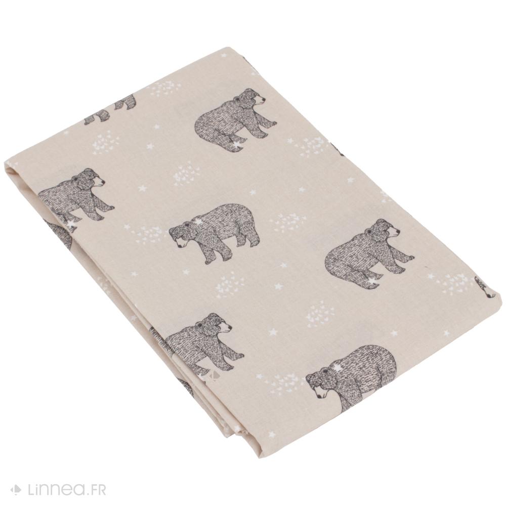 Tissu coton percale motif ours BALOO beige Lin