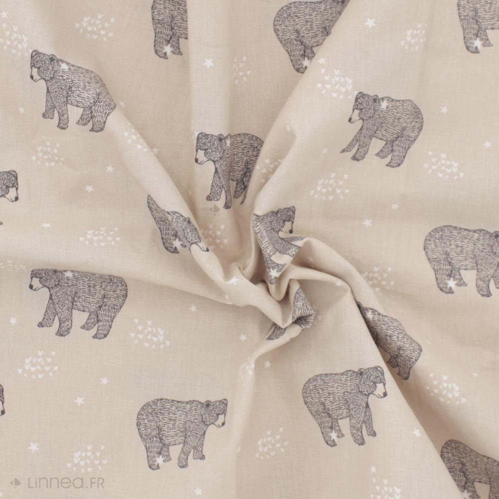 Tissu coton percale motif ours BALOO beige Lin