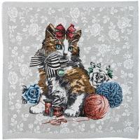 Carré polycoton 47x47 cm MIMI motif chat et couture gris Perle